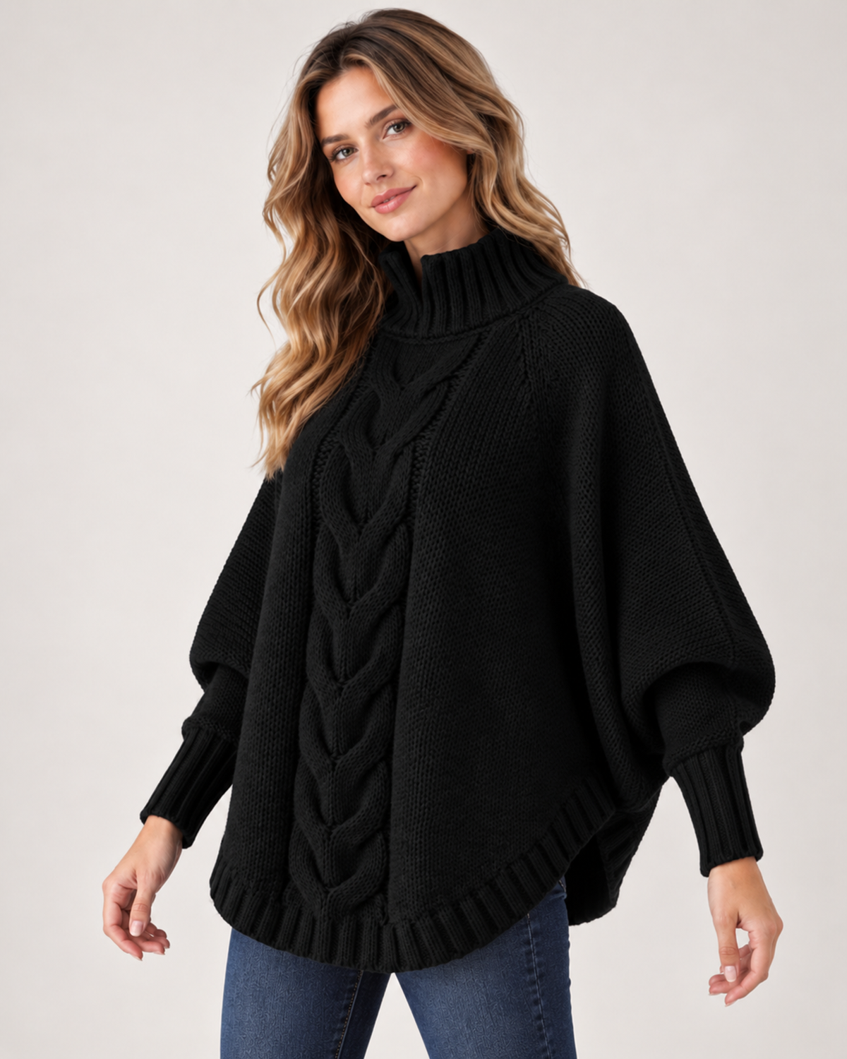 Women's Cable Knit Jumper with High Neck and Batwing Sleeves black close variant view