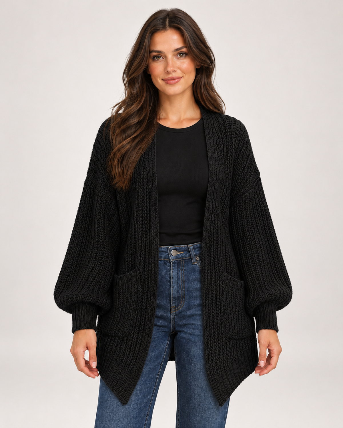 Women's Balloon Sleeve Cardigan with Chunky Knit black close variant view