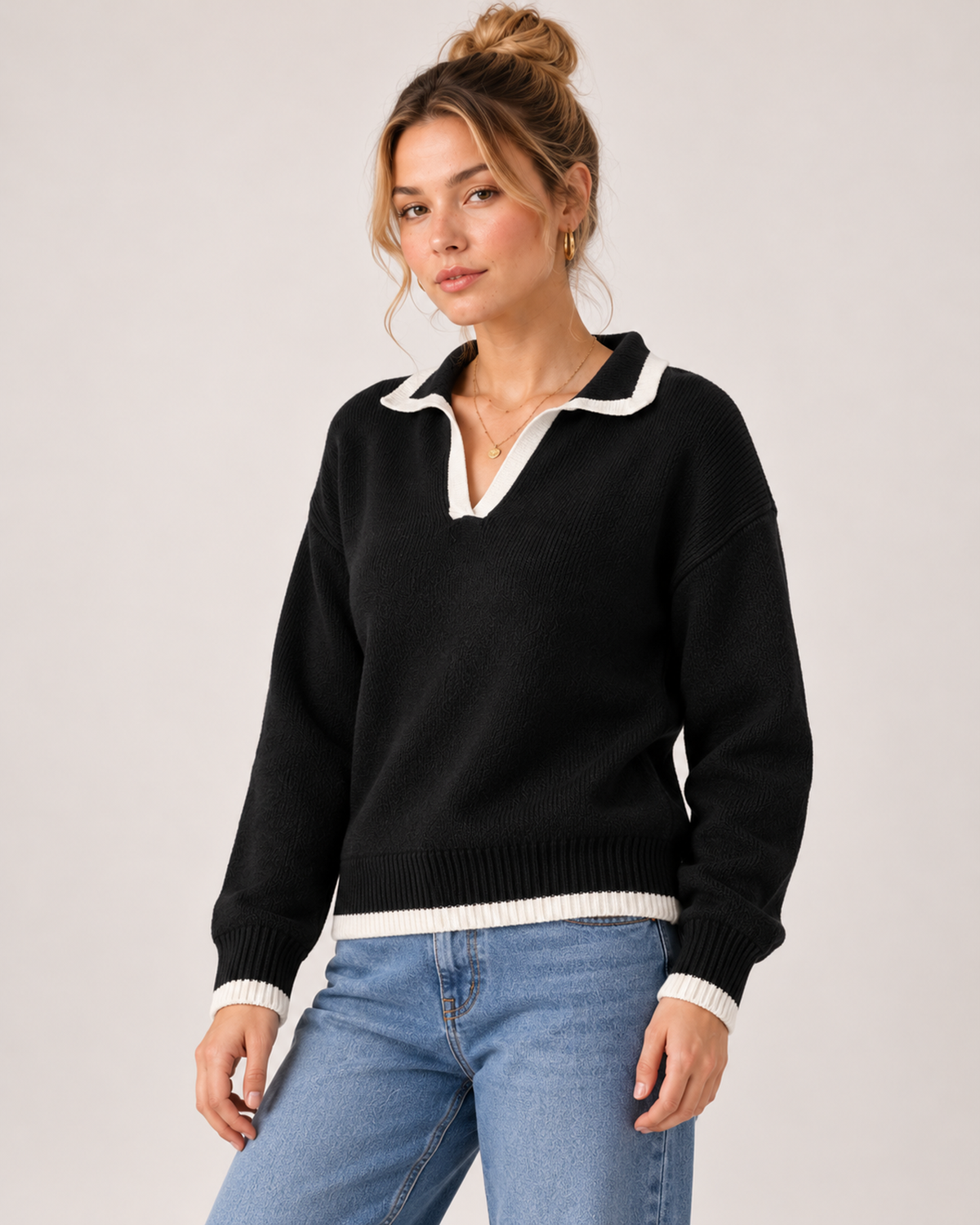 Women's V Neck Collared Knitted Jumper black close variant view