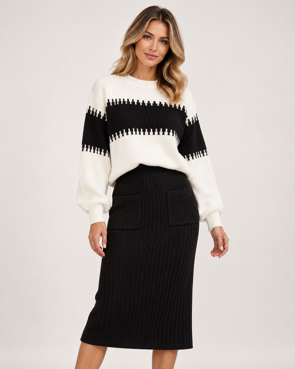 Women's Knitted Co-Ord Set with Colour-Block Jumper and Midi Skirt black close variant view