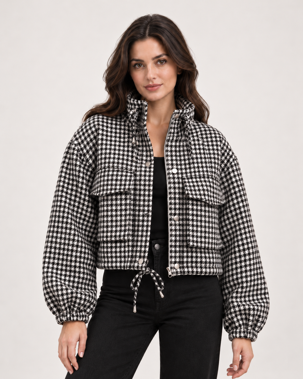 Women’s Checked Jacket with Cropped Shape and Utility Pockets in Black & White, short outerwear product focus view