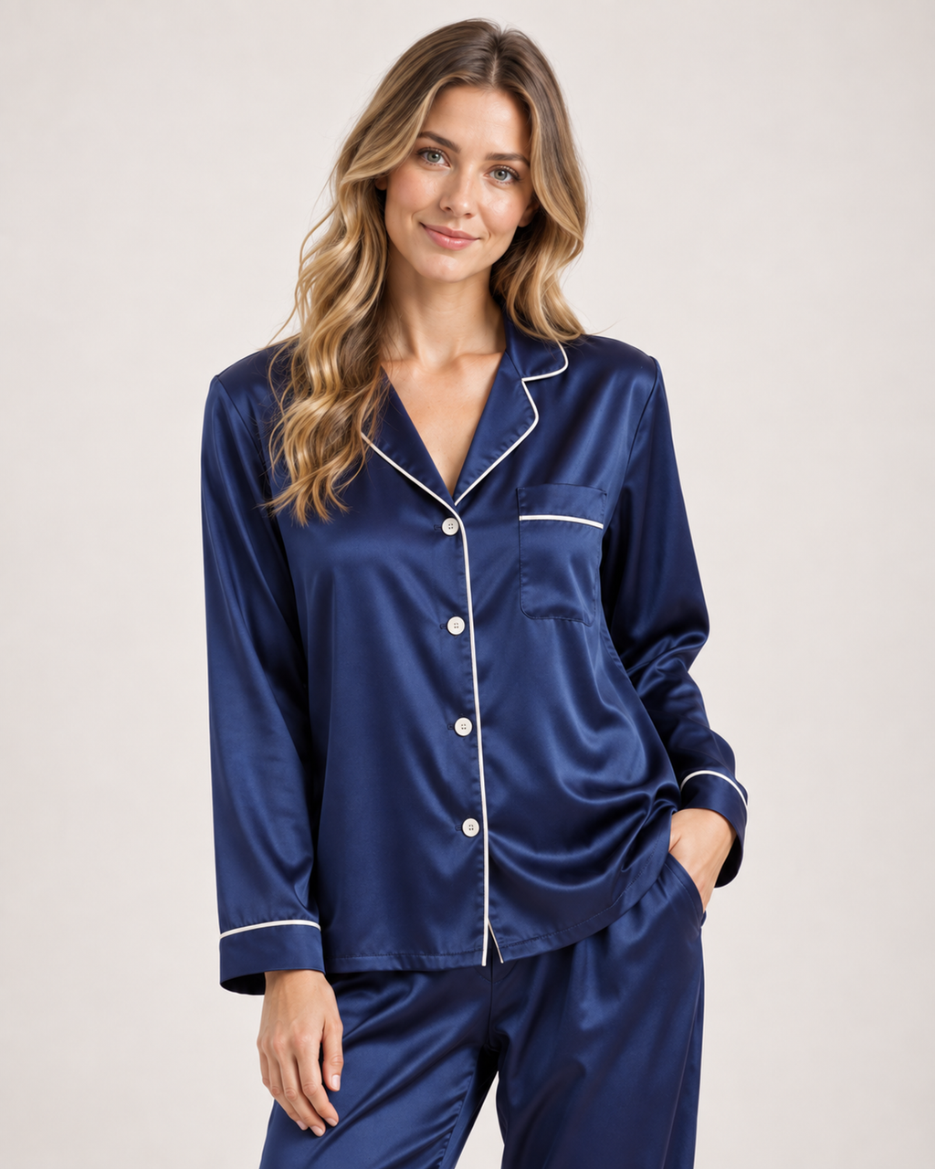Women’s Pyjama Set with Contrast Piping in Blue, lower body product focus view
