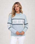 Women’s Christmas Jumper with Fair Isle Pattern and Roll Neck in Blue, upper body product focus view