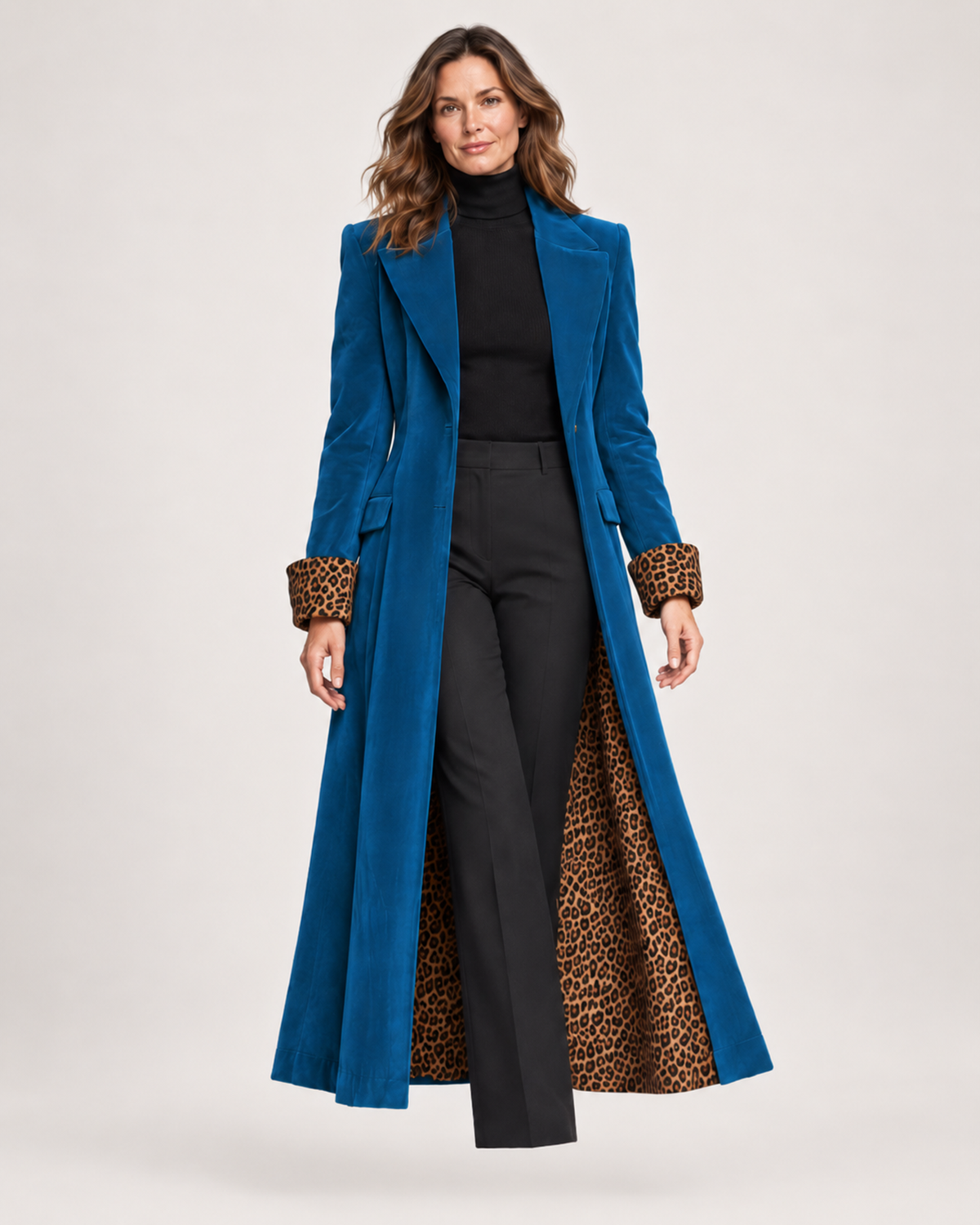 Women’s Longline Coat with Leopard Print Trim in Blue, short outerwear product focus view
