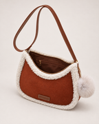Women’s Fluffy Shoulder Bag with Pom Pom Charm in Brown, product only view