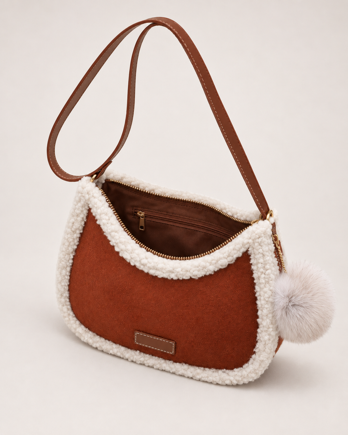 Women’s Fluffy Shoulder Bag with Pom Pom Charm in Brown, product only view