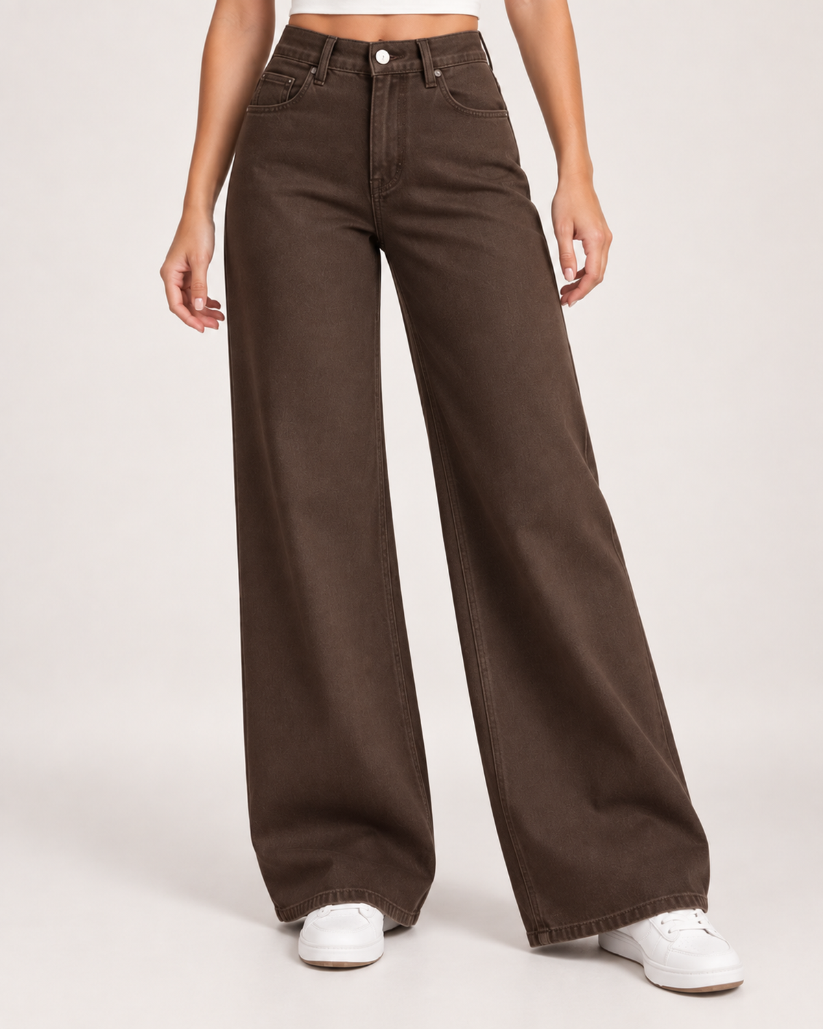 Women’s Wide Leg Jeans in Brown with High Waist in Brown, lower body product focus view
