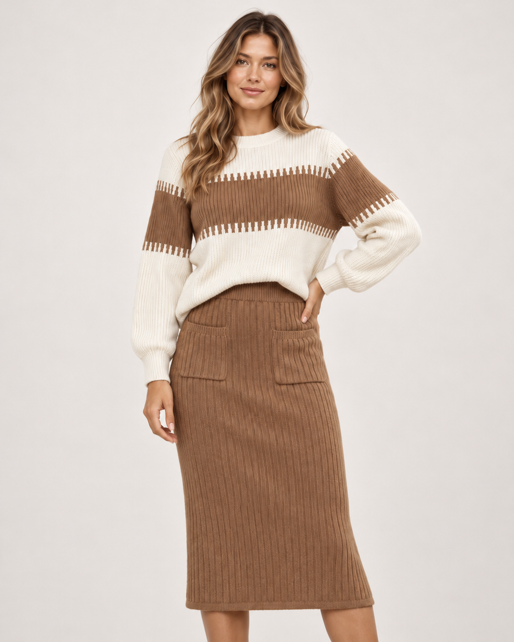 Women’s Knitted Co-Ord Set with Colour-Block Jumper and Midi Skirt in Brown, full body view