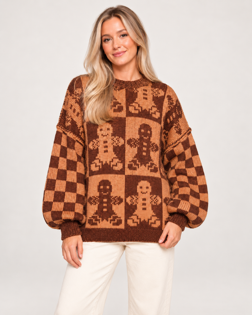 Women’s Christmas Jumper with Gingerbread Pattern in Brown, upper body product focus view