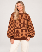 Women’s Christmas Jumper with Gingerbread Pattern in Brown, upper body product focus view