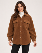 Women’s Teddy Jacket with Button Front and Chest Pockets in Brown, short outerwear product focus view
