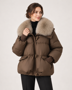 Women’s Puffer Jacket with Faux Fur Collar and Drawstring Waist in Brown, short outerwear product focus view