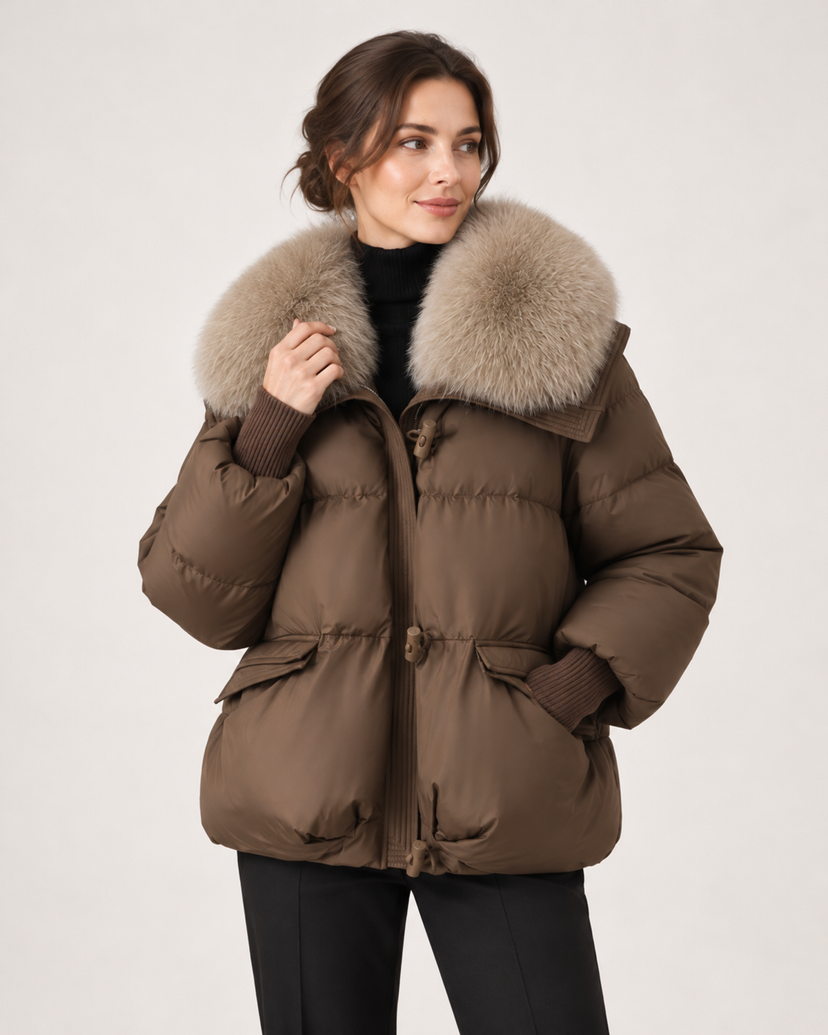 Women’s Puffer Jacket with Faux Fur Collar and Drawstring Waist in Brown, short outerwear product focus view