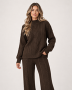 Women’s Knitted Co-Ord Set with Cable Knit Jumper and Wide Leg Trousers in Brown, lower body product focus view