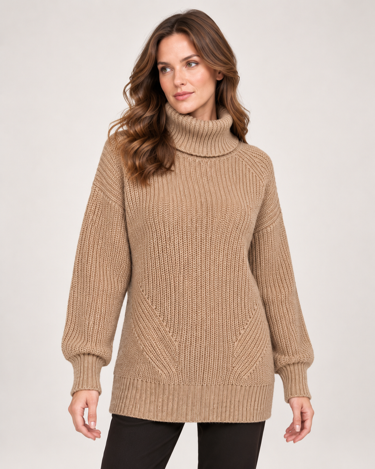 Women’s Roll Neck Jumper with Relaxed Longline Fit in Brown, upper body product focus view