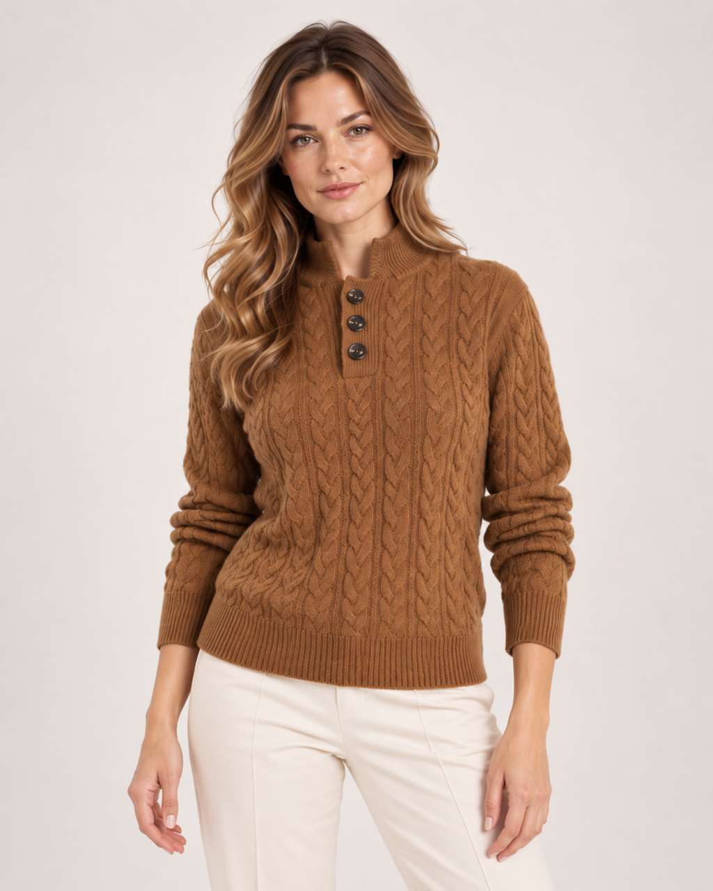 Women’s Cable Knit Jumper with Stand Collar and Button Neck in Brown, lower body product focus view
