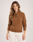 Women’s Cable Knit Jumper with Stand Collar and Button Neck in Brown, lower body product focus view
