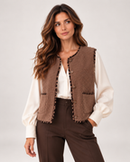 Women’s Borg Gilet with Contrast Trim and Pockets in Brown, lower body product focus view
