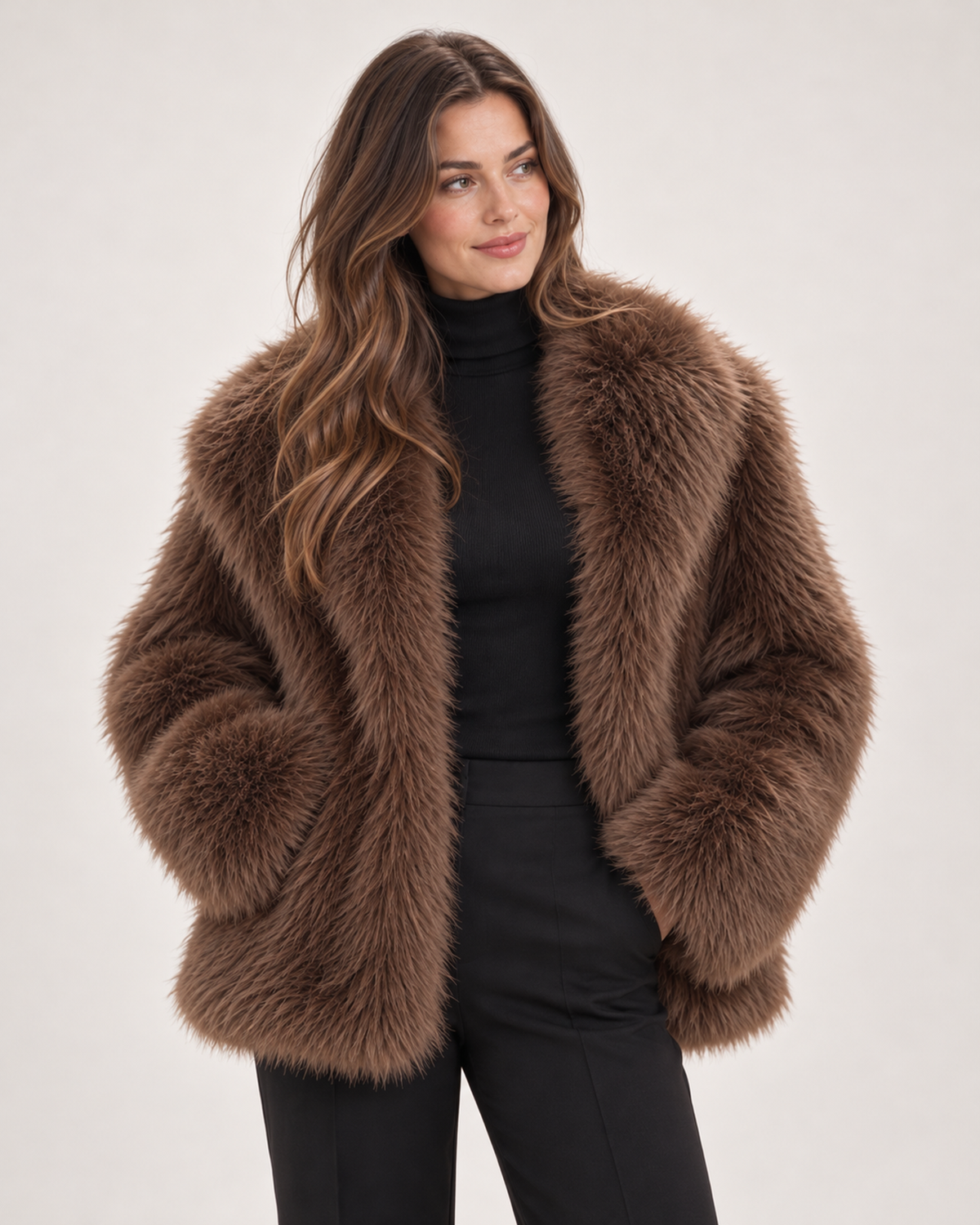 Women’s Faux Fur Jacket with Wide Collar in Brown, lower body product focus view