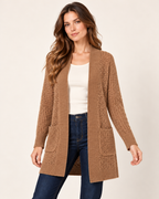 Women’s Coatigan with Open Front and Pockets in Brown, short outerwear product focus view