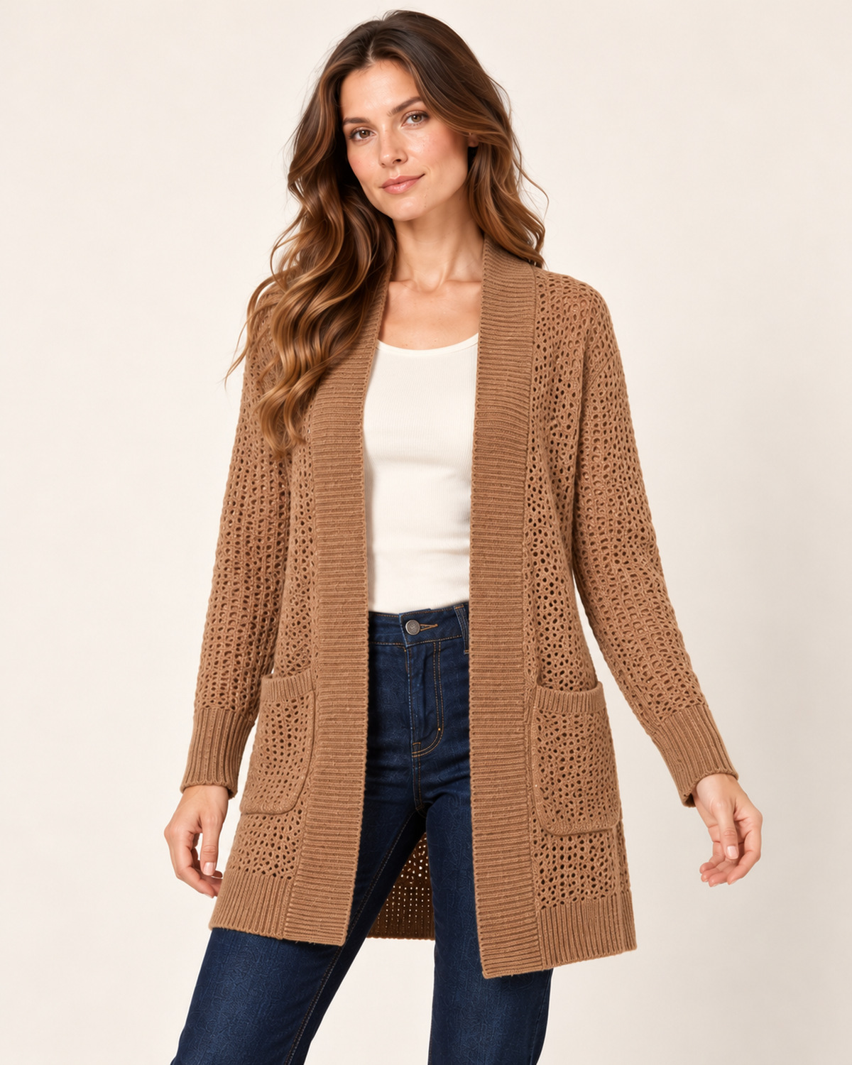 Women’s Coatigan with Open Front and Pockets in Brown, short outerwear product focus view
