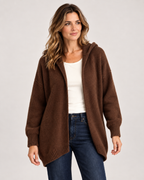 Women’s Hooded Cardigan with Knitted Finish in Brown, upper body product focus view