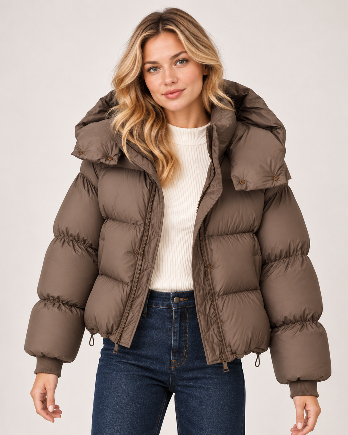 Women’s Puffer Jacket with Oversized Hood and Drawstring Hem in Brown, short outerwear product focus view