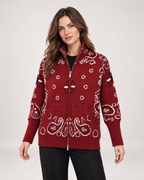 Women’s Knitted Cardigan with Zip Front and High Neck in Burgundy, upper body product focus view