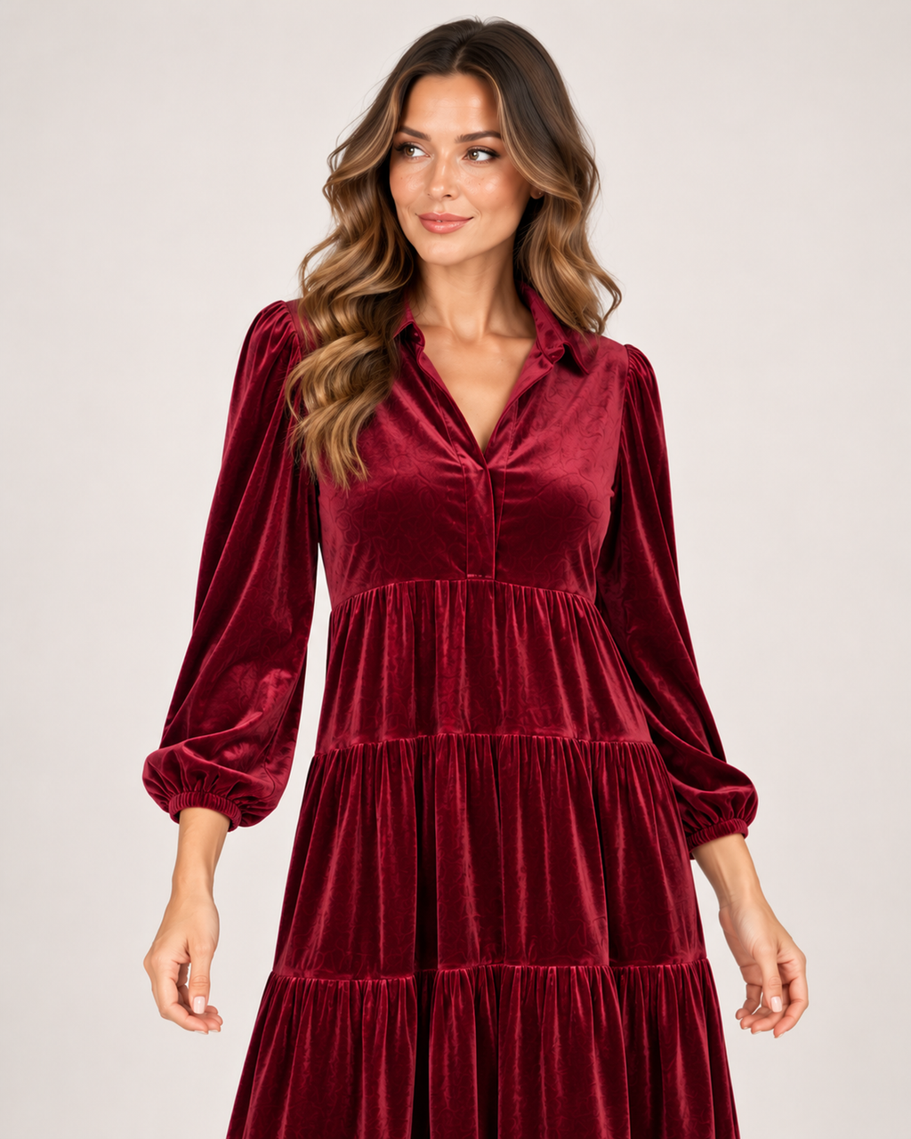 Women’s Velvet Maxi Dress with Collar and Tiered Skirt in Burgundy, lower body product focus view