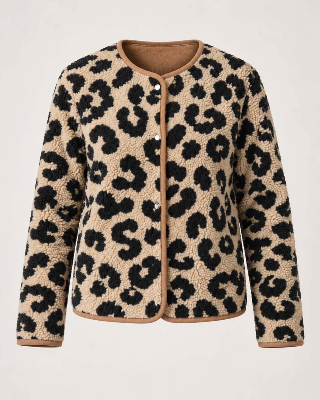 Women’s Leopard Print Jacket with Contrast Lining in Camel, product only view