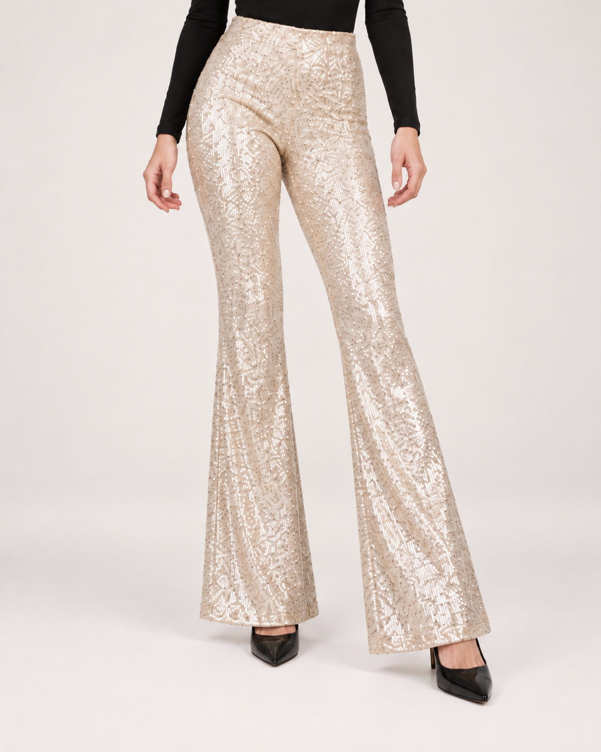 Women’s Sequin Trousers with Flared Legs in Champagne, lower body product focus view