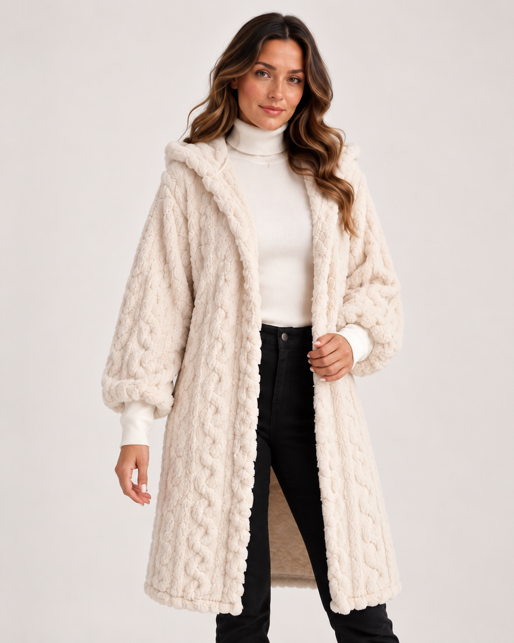 Women’s Longline Cardigan with Hood and Cable Texture in Cream, full body view