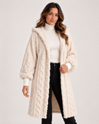 Women’s Longline Cardigan with Hood and Cable Texture in Cream, full body view