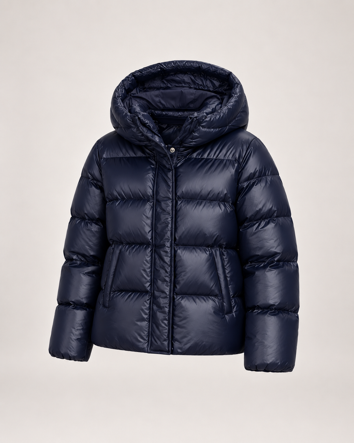 Women’s Puffer Jacket with Hood and Zip Front in Dark Blue, product only view