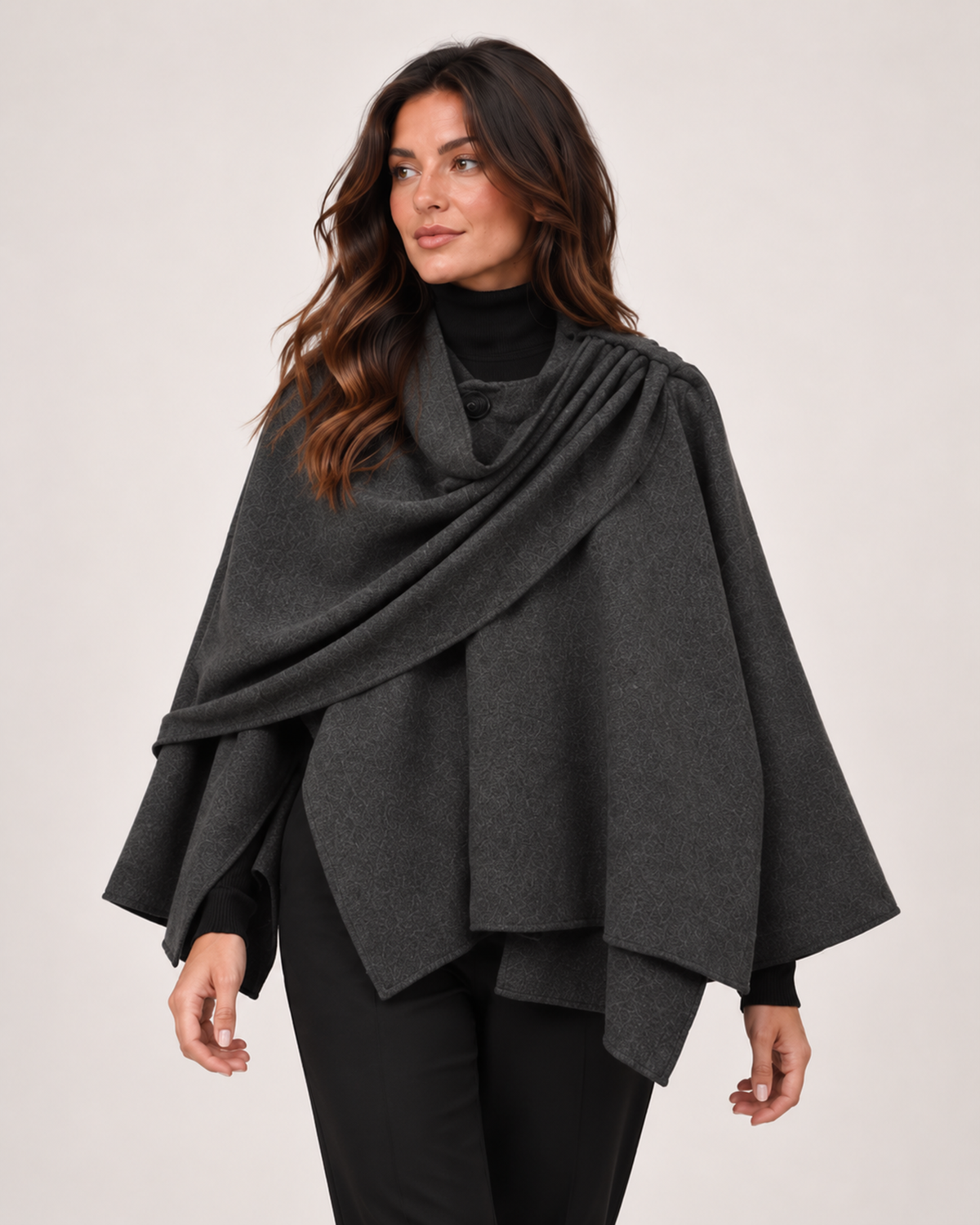 Women’s Cape Coat with Asymmetric Scarf Collar in Dark Grey, lower body product focus view