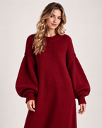 Women’s Knitted Maxi Dress with Balloon Sleeves in Dark Red, full body view
