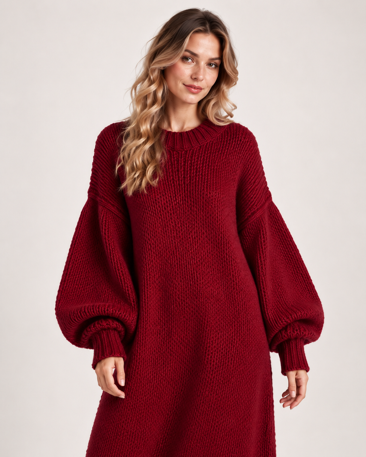 Women’s Knitted Maxi Dress with Balloon Sleeves in Dark Red, full body view