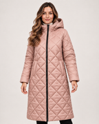 Women’s Long Puffer Jacket with Hood and Diamond Quilting in Dusty Pink, short outerwear product focus view