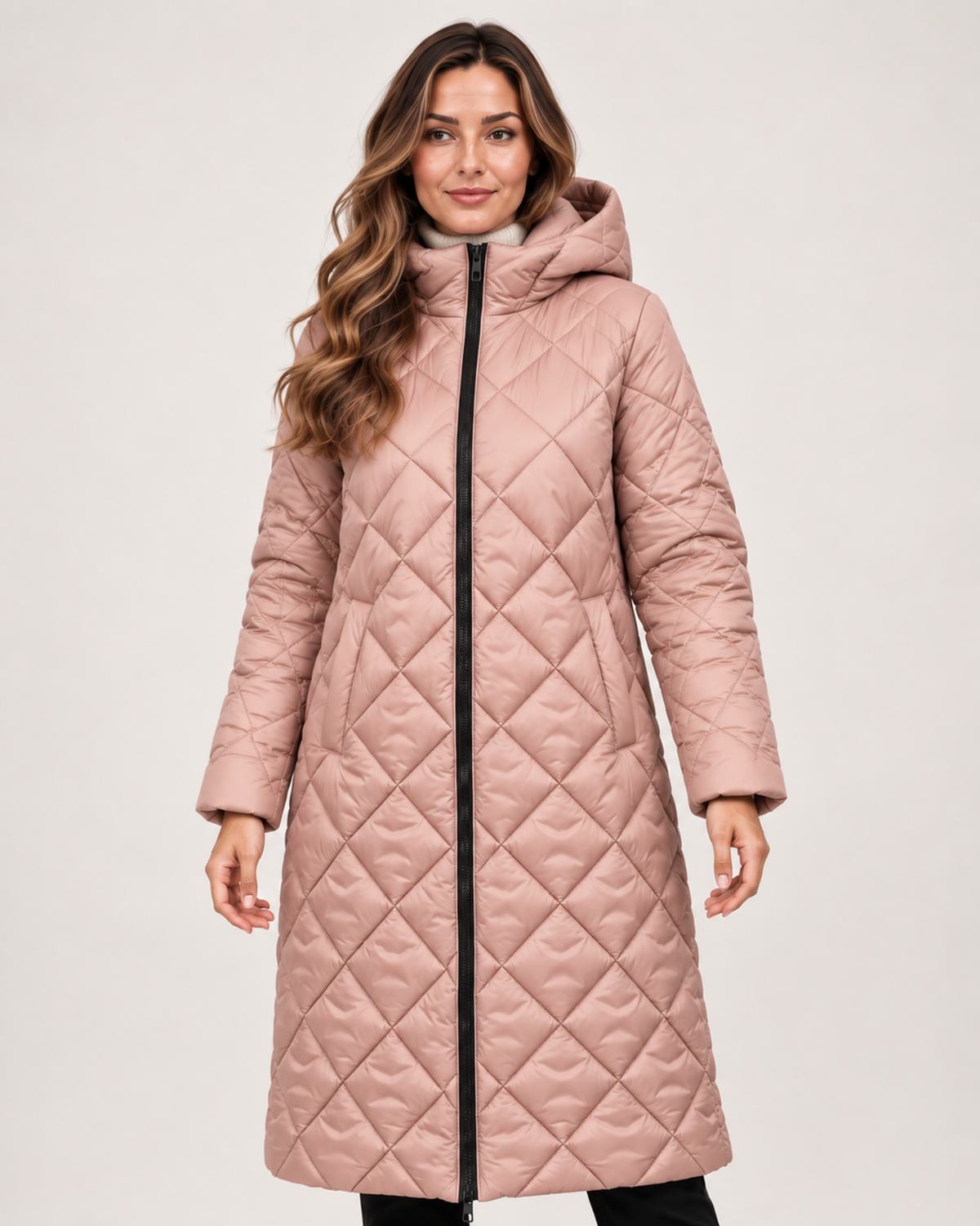 Women’s Long Puffer Jacket with Hood and Diamond Quilting in Dusty Pink, short outerwear product focus view
