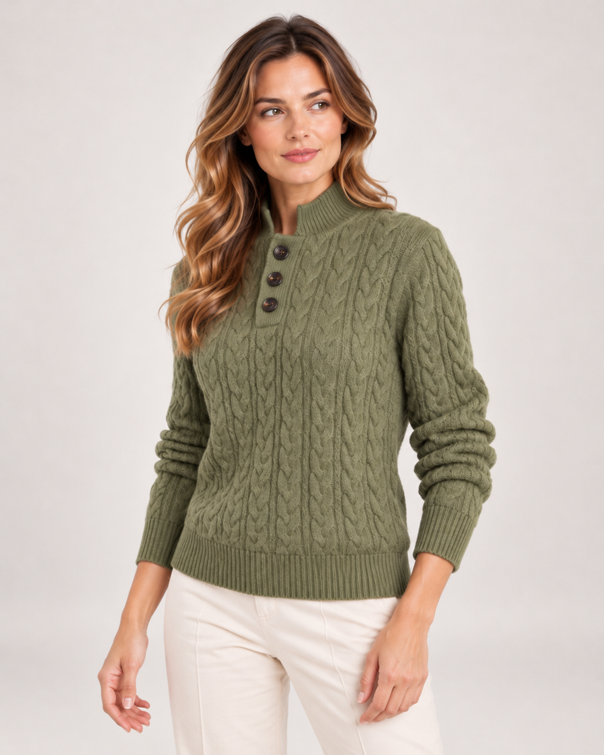 Women's Cable Knit Jumper with Stand Collar and Button Neck green close variant view