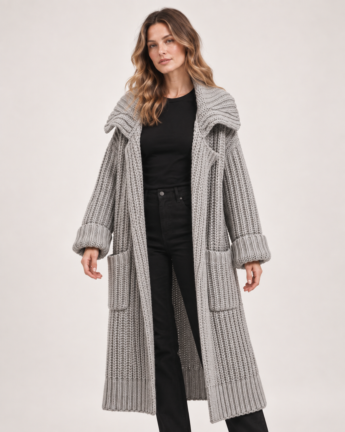 Women’s Long Cardigan with Shawl Collar in Grey, full body view