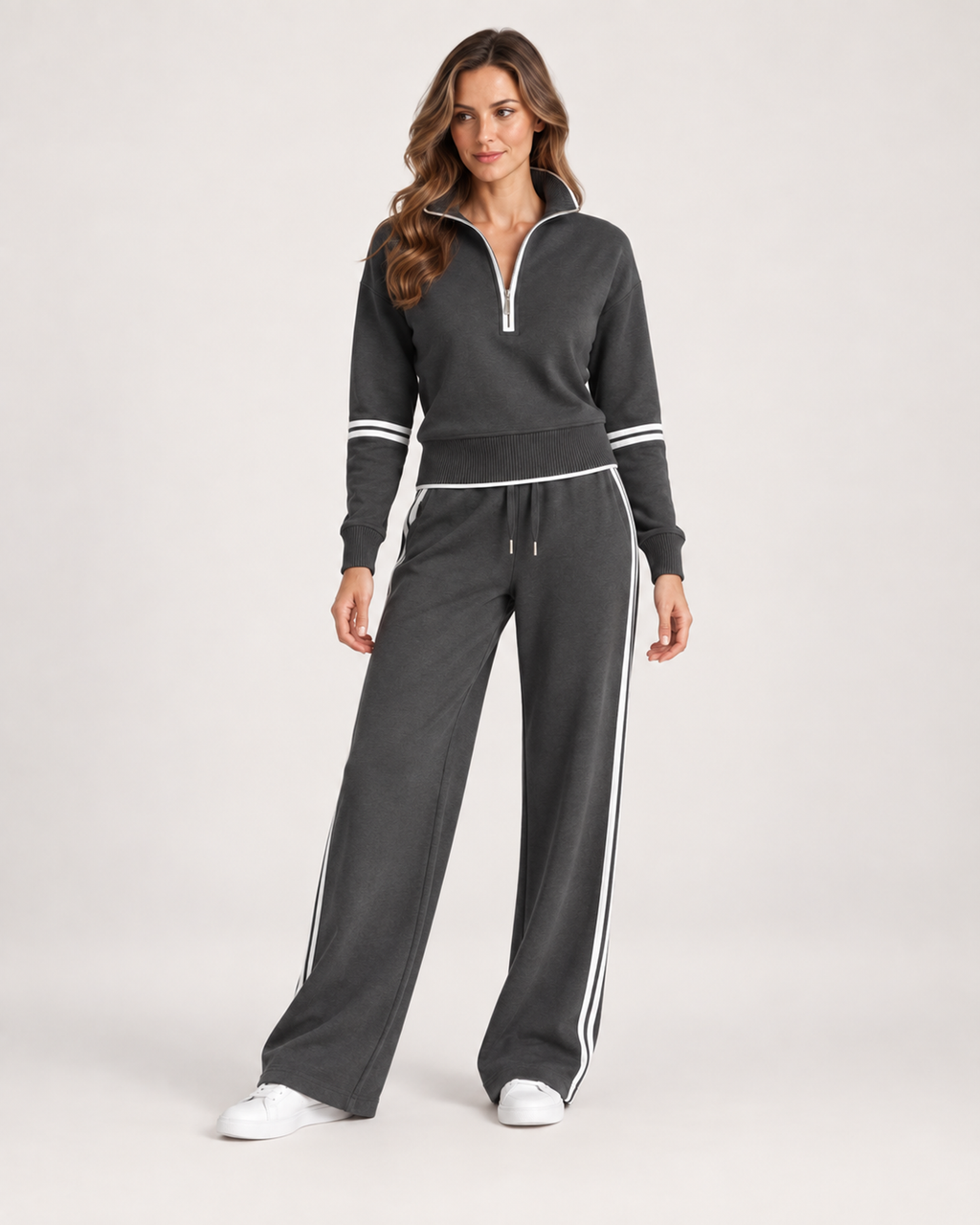 Women’s Tracksuit Set with Contrast Stripe Trim in Grey, full body view