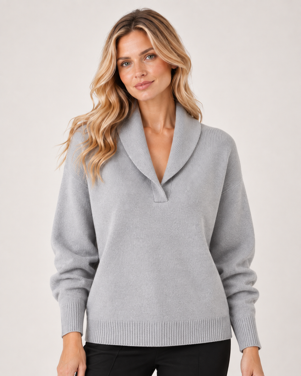 Women’s V Neck Jumper with Shawl Collar in Grey, upper body product focus view