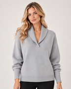 Women’s V Neck Jumper with Shawl Collar in Grey, upper body product focus view