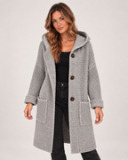 Women’s Long Hooded Cardigan with Chunky Texture in Grey, upper body product focus view