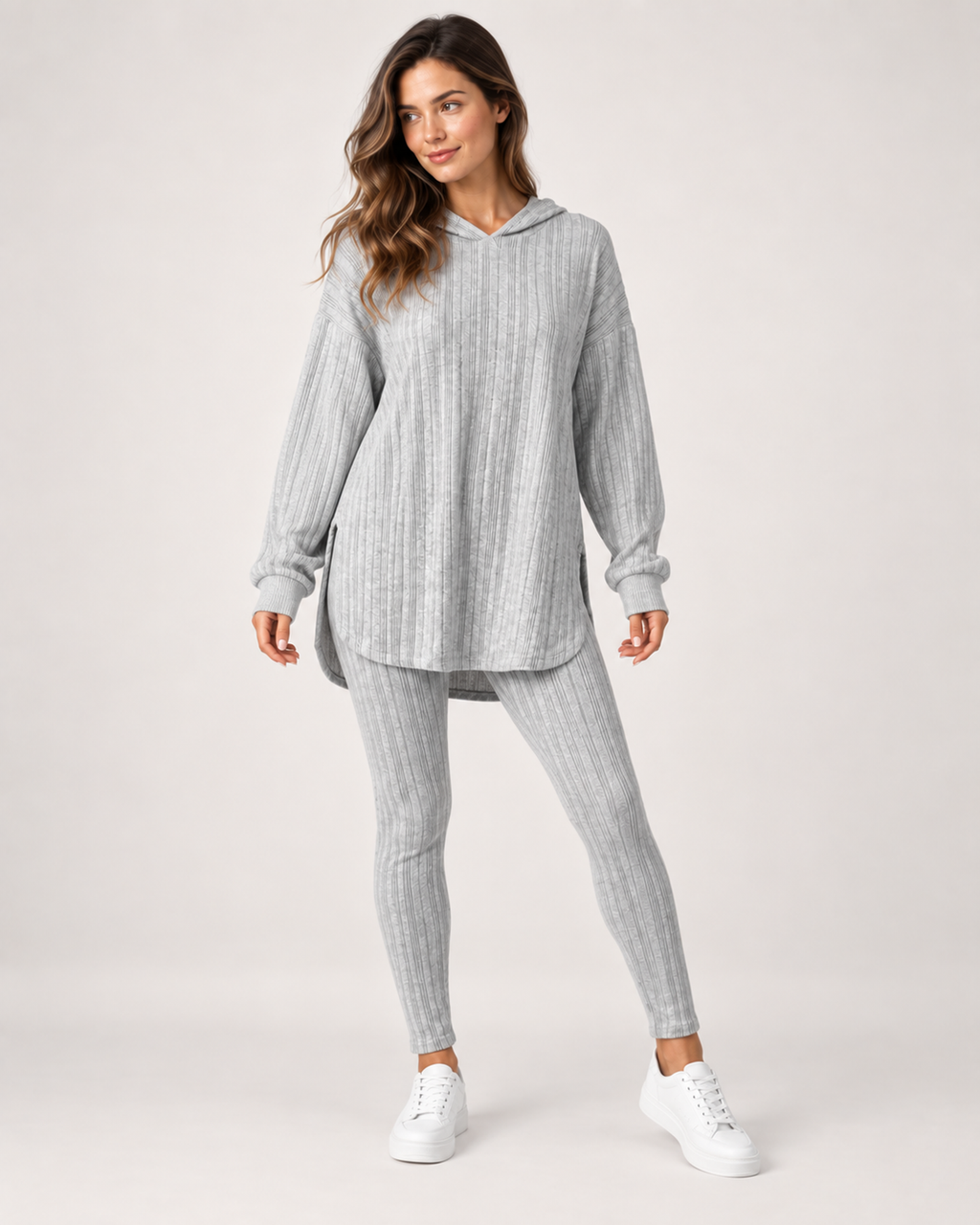 Women’s Loungewear Set with Hooded Longline Top and Leggings in Grey, full body view