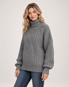 Women’s Roll Neck Jumper with Cable Knit in Grey, upper body product focus view