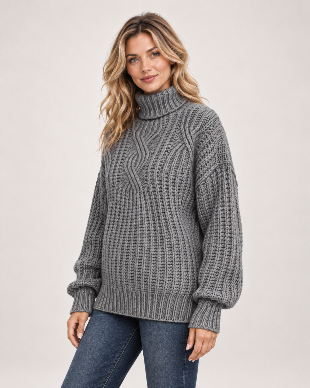 Women’s Roll Neck Jumper with Cable Knit in Grey, upper body product focus view