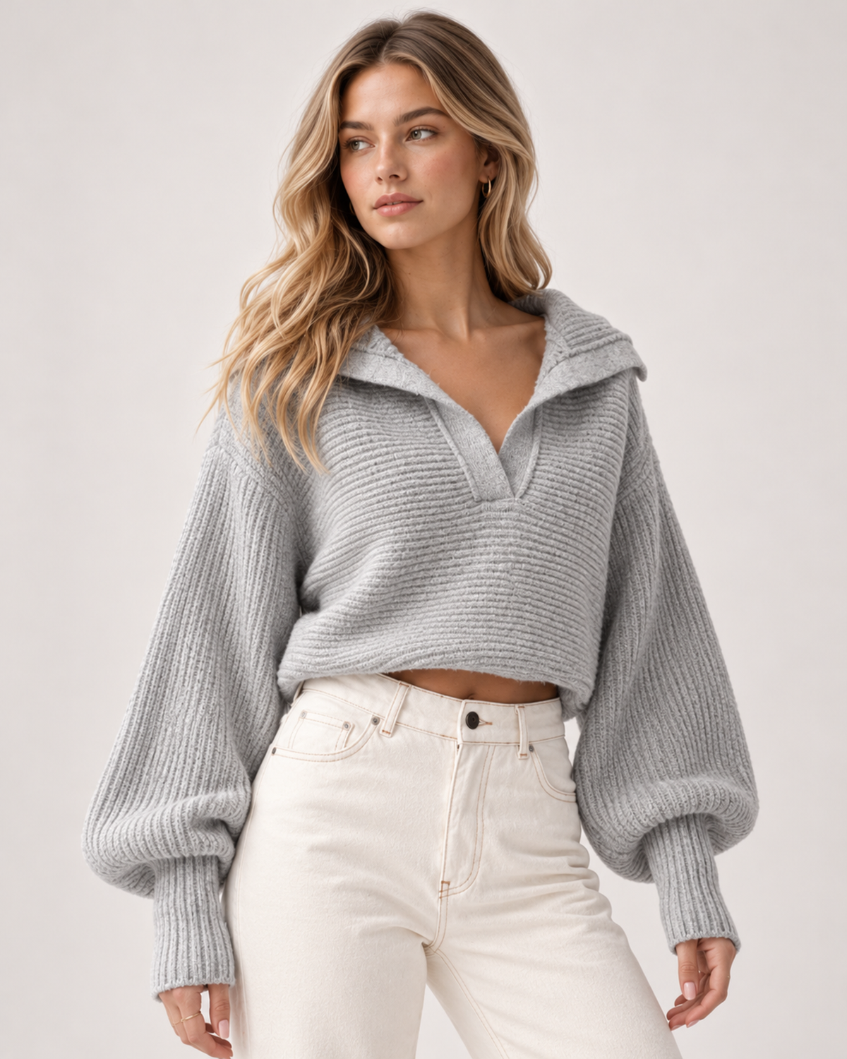 Women's Cropped Jumper Half Zip Chunky Knit Style grey close variant view