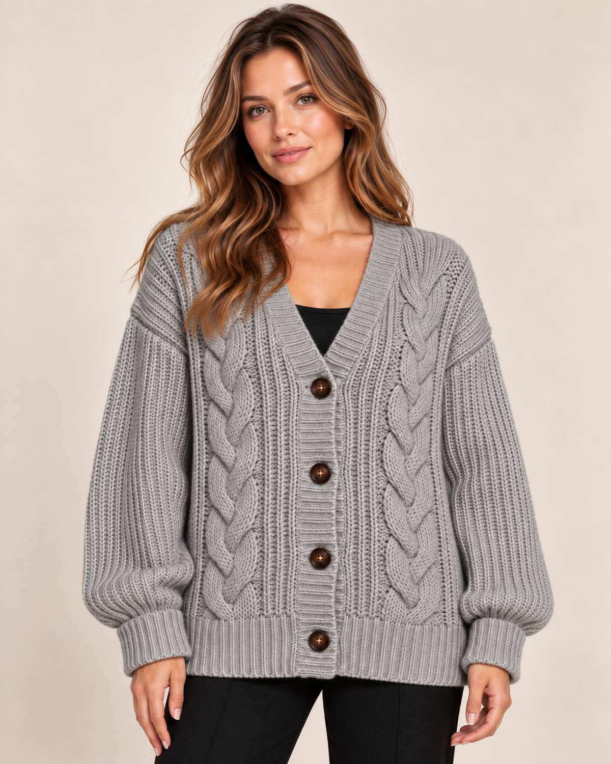 Women's grey chunky cable knit button cardigan